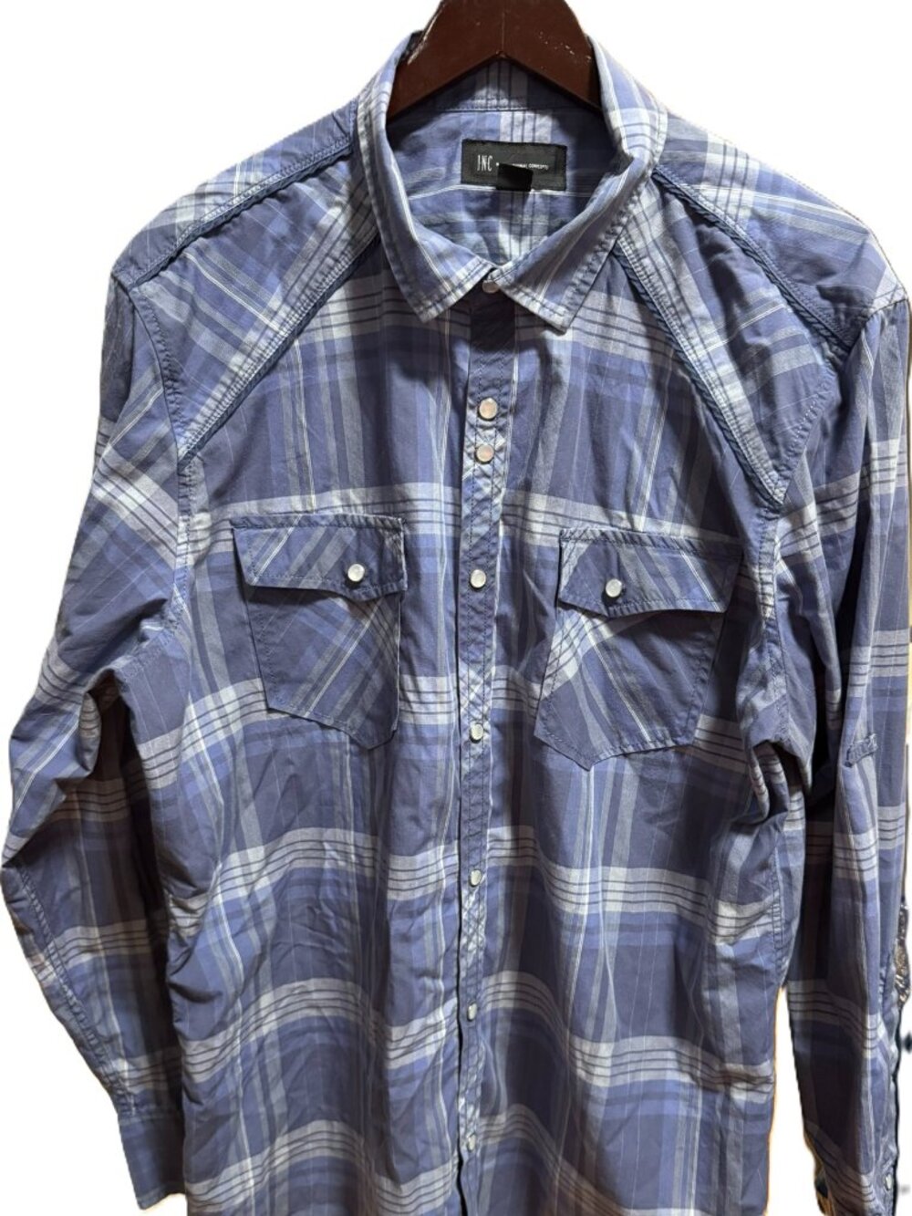 INC International Concepts Mens XL White Purple Plaid Western Pearl Snap Shirt